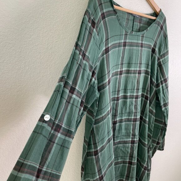 SAGA Made in Italy Tunic Top OS Green Plaid Roll Tab Sleeve Shirt Lagenlook Boho - Picture 5 of 12